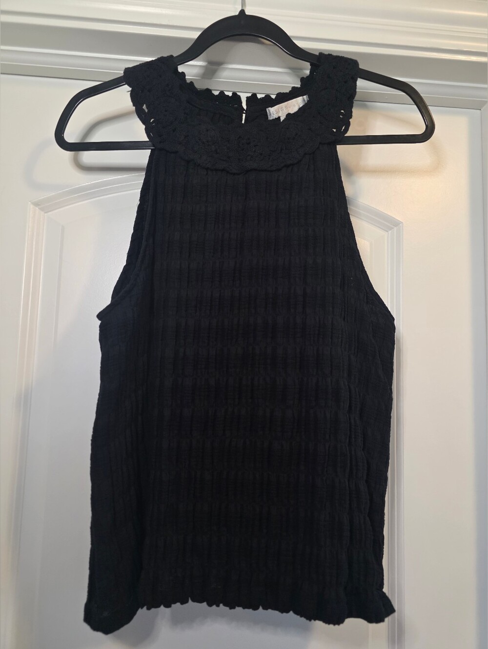 Design History Black Smocked Halter Top Crochet Lace Neckline XL